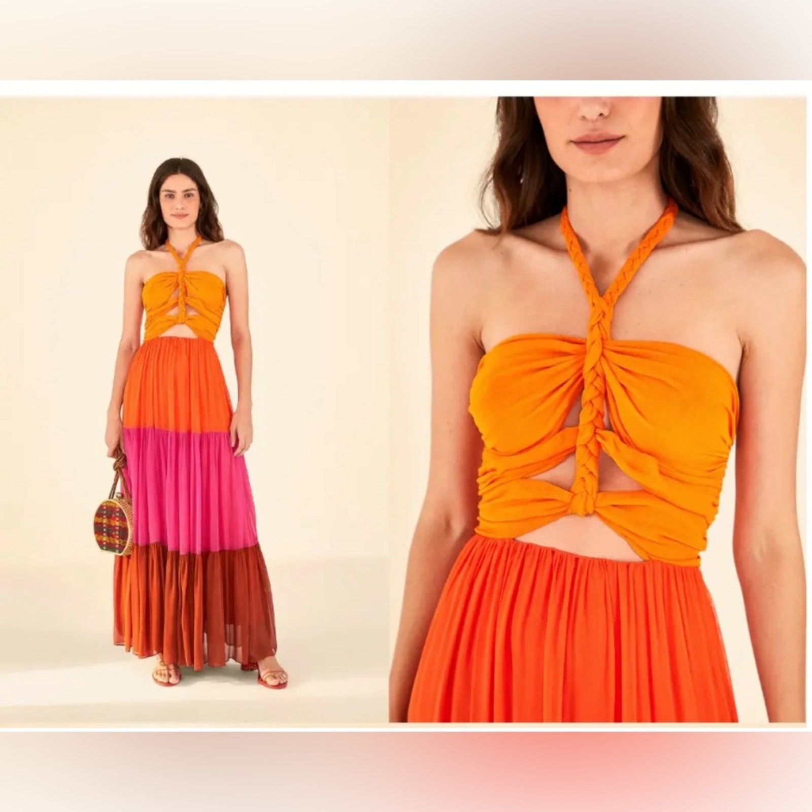 Farm Rio Warm Color Block Halter Maxi Dress Size L